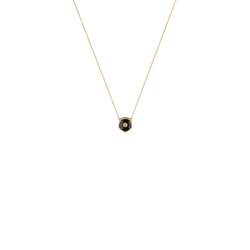 Collana con pendente testa di felino in oro giallo 18kt, onice e diamanti