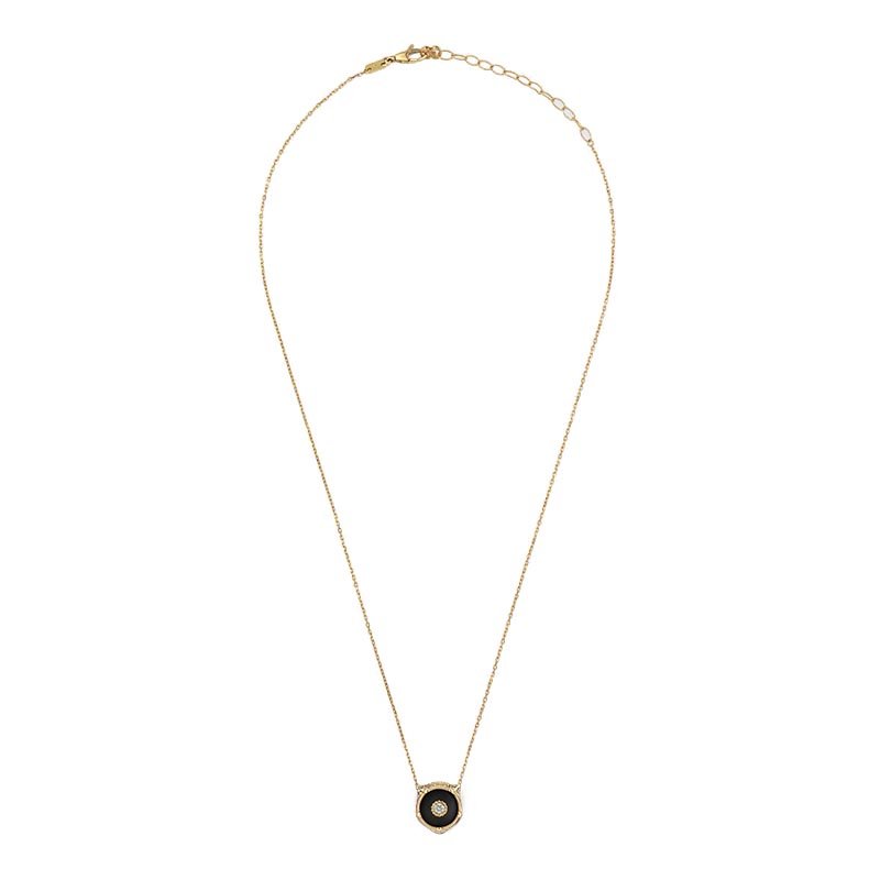 Collana con pendente testa di felino in oro giallo 18kt, onice e diamanti