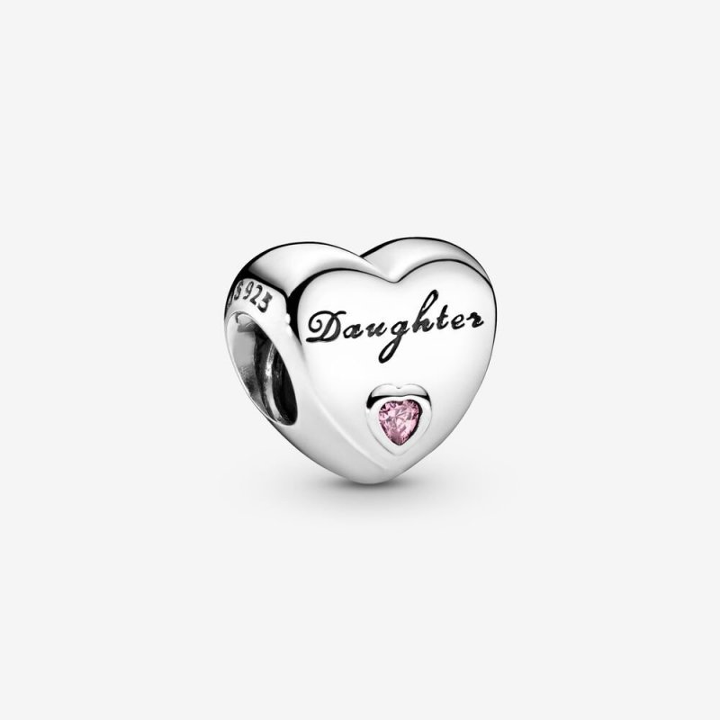 Daughter Heart Silver Charm With Pink Cu