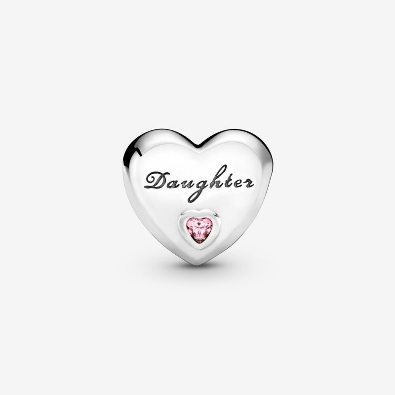 Daughter Heart Silver Charm With Pink Cu