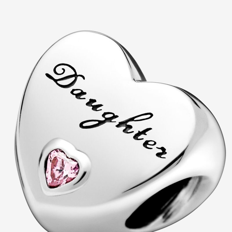 Daughter Heart Silver Charm With Pink Cu