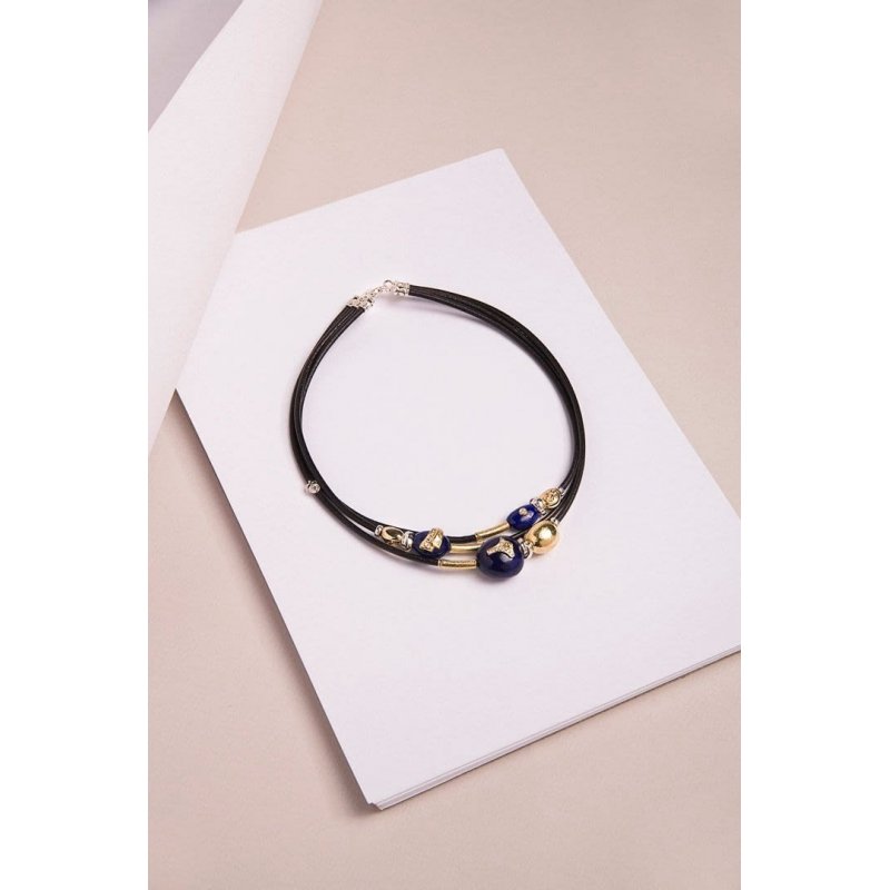 Bracciale Doppio In Cuoio 3 Mm Con Elementi In Oro Lavorati A Mano,  Argento, Pietre Dure – Ossidiana Rainbow E Lapis – E Diamant