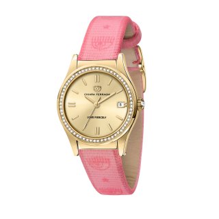 contemporary 32mm 3h yellow gold dial pink strap