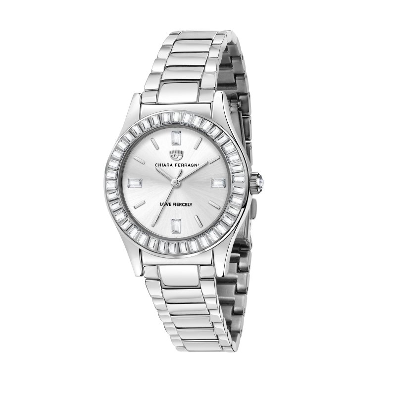contemporary 32mm 3h silver/white stones dial bracelet stainless steel