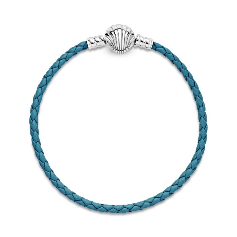 Bracciale Pandora Moments in pelle intrecciato turchese con chiusura a conchiglia