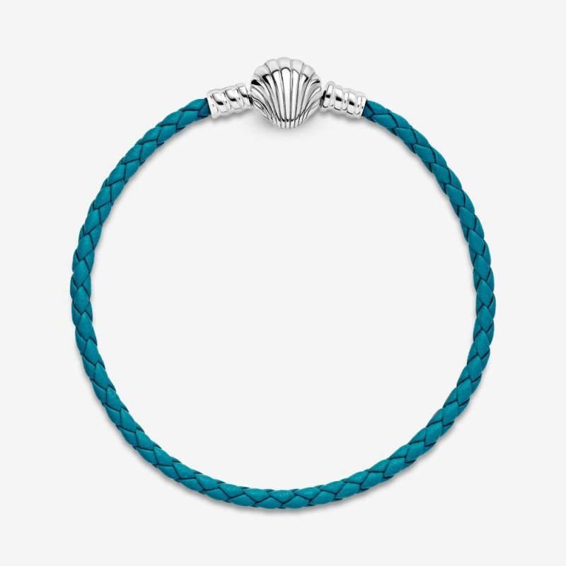Bracciale Pandora Moments in pelle intrecciato turchese con chiusura a conchiglia