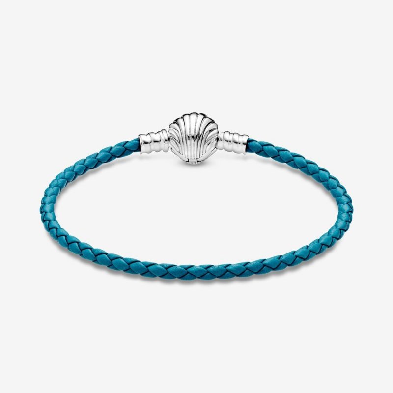 Bracciale Pandora Moments in pelle intrecciato turchese con chiusura a conchiglia