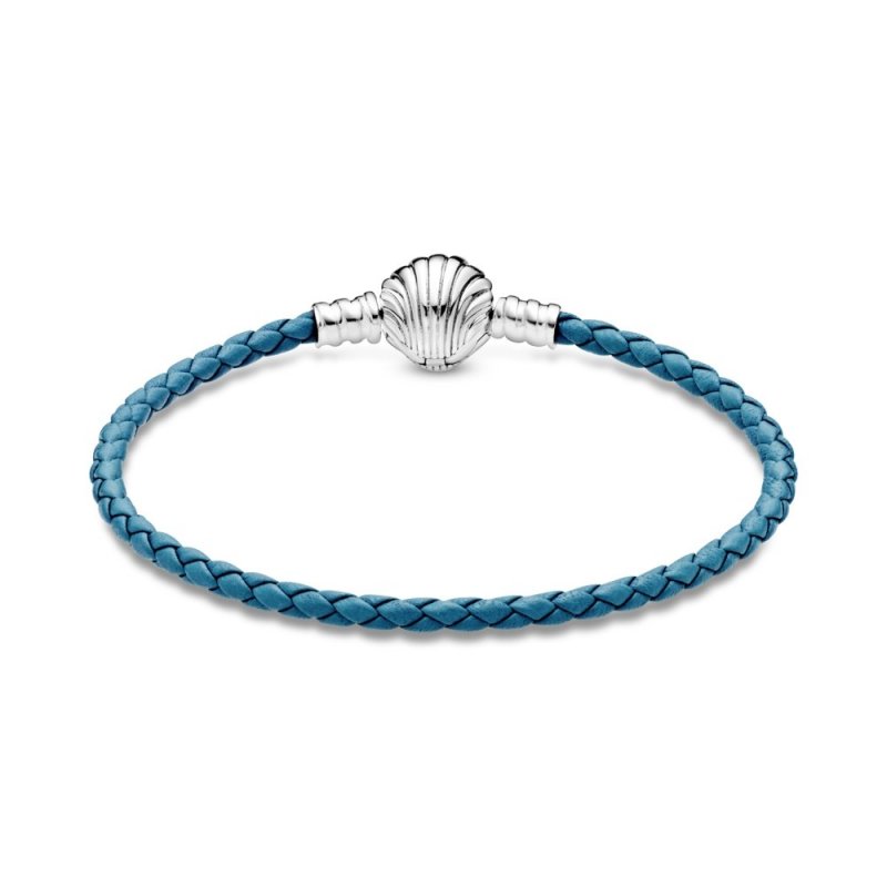 Bracciale Pandora Moments in pelle intrecciato turchese con chiusura a conchiglia
