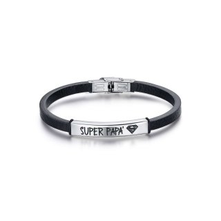 Bracciale In Cuoio Nero Con Piastra In Acciaio Con Scritta Super Papa'