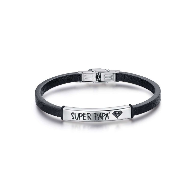 Bracciale In Cuoio Nero Con Piastra In Acciaio Con Scritta Super Papa'