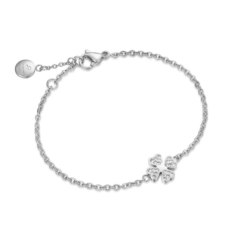 Bracciale In Acciaio Con Quadrifoglio E Cristalli Bianchi