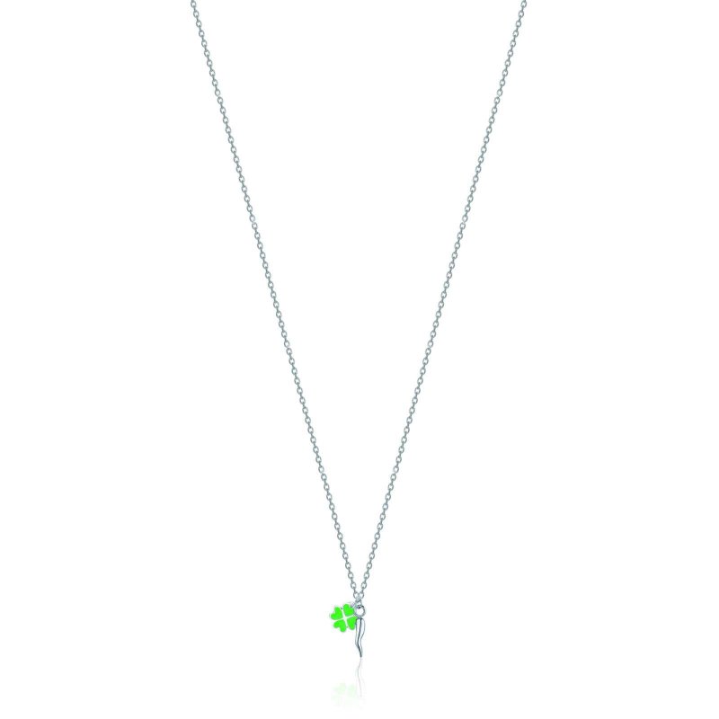 Collana Junior In Acciaio Con Corno E Quadrifoglio