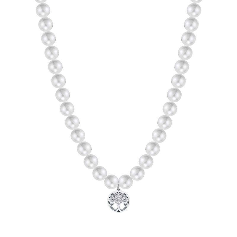 Collana In Acciaio Con Perle Bianche E Albero Della Vita