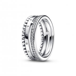 Anello Tripla Fascia con Logo, Pavé e Sfere