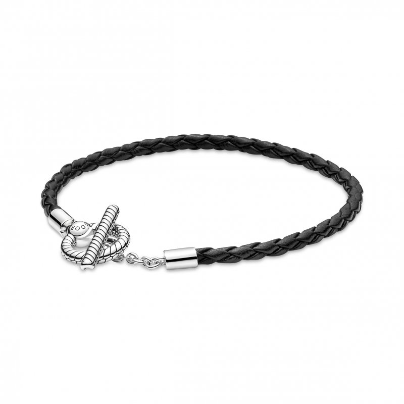 Bracciale in Pelle Nera con Chiusura a T