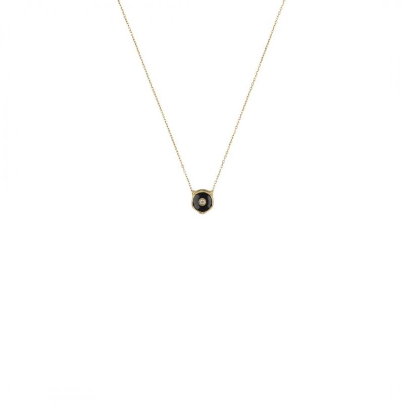 Collana con pendente testa di felino in oro giallo 18kt, onice e diamanti
