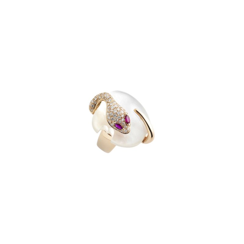 Anello Malafemmina Serpente In Oro Rosa Con Pavé Di Diamanti, Rubini E Madreperla