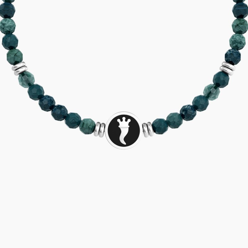 Bracciale elastico uomo con agata verde e cornetto