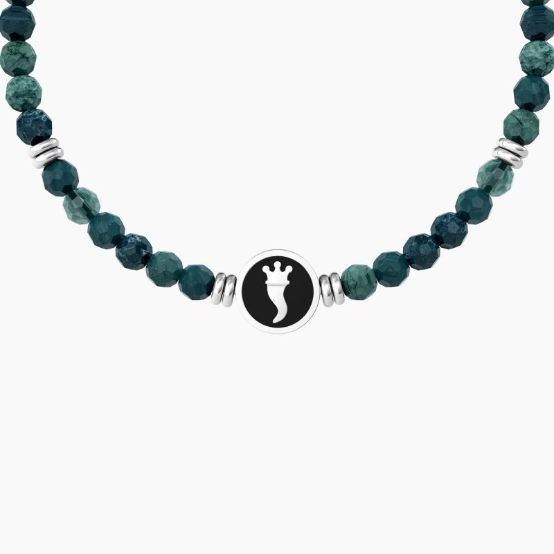 Bracciale elastico uomo con agata verde e cornetto