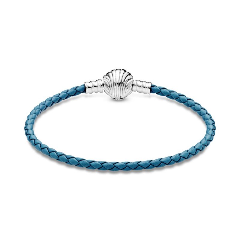 Bracciale Pandora Moments in pelle intrecciato turchese con chiusura a conchiglia