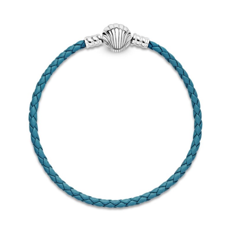 Bracciale Pandora Moments in pelle intrecciato turchese con chiusura a conchiglia