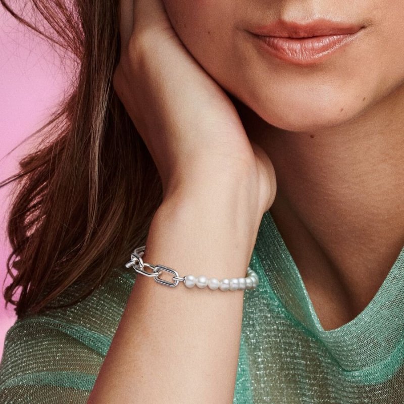 Bracciale maglia link con perle coltivate d’acqua dolce trattate Pandora ME