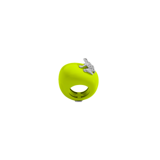 Anello happy frog con rana in oro bianco e diamanti su base grande in argento giallo fluo