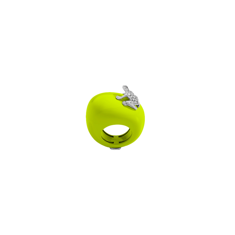 Anello happy frog con rana in oro bianco e diamanti su base grande in argento giallo fluo