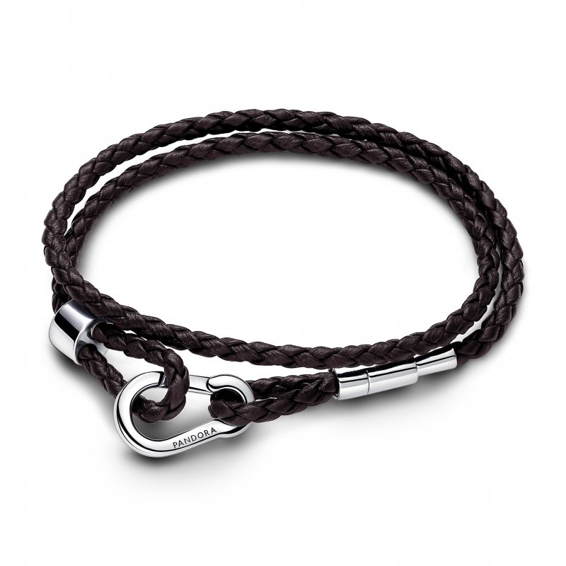 Bracciale In  Pelle Marrone Doppio  Con Chiusura A Moschettone Regolabile