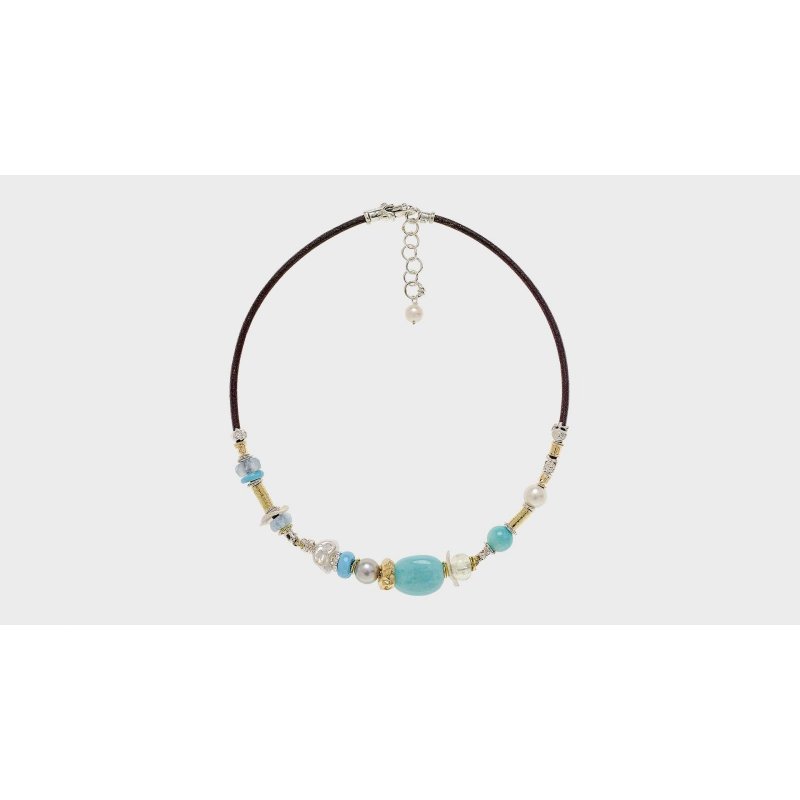Misani - Collana Cuoio 3Mm - Oro E Gemme