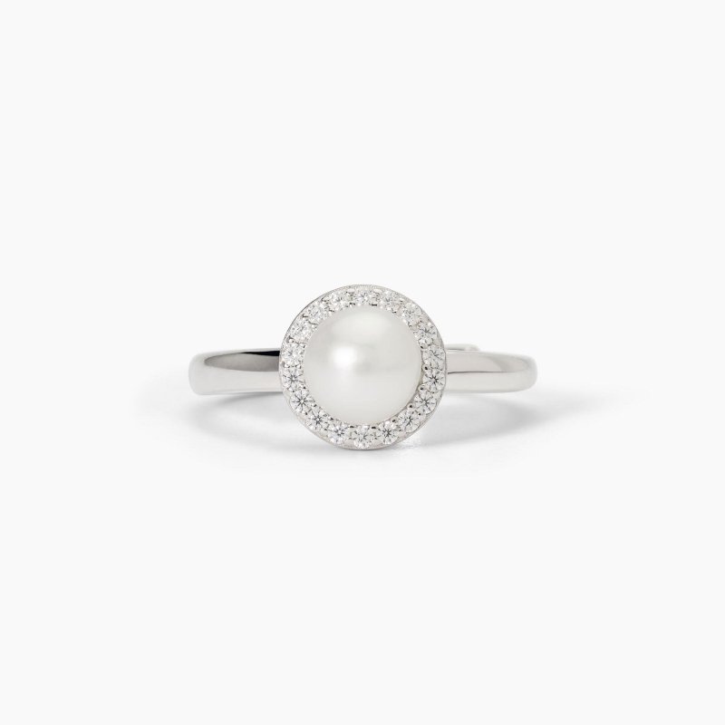 Mabina - Anello In Argento Con Perla Coltivata - Regolabile - Zirconi