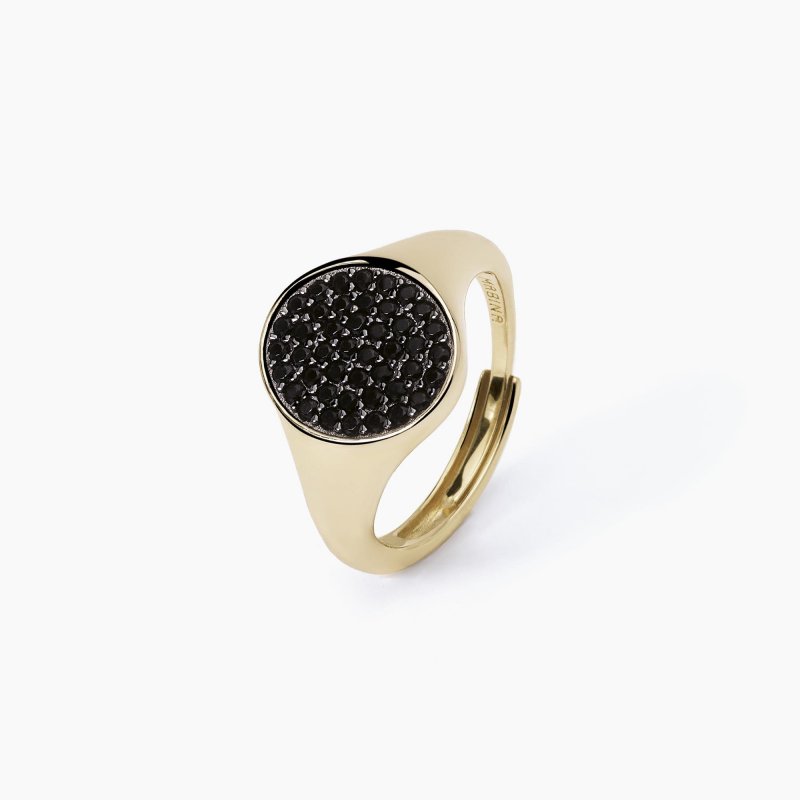 Mabina - Anello Chevalier Con Pavè Nero - Argento 925 - Oro 18K