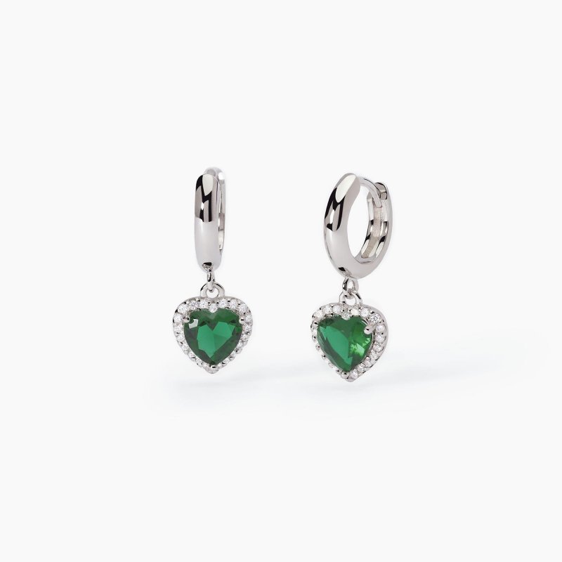 Mabina - Orecchini In Argento A Cerchio - Smeraldi Sintetici - Taglio Cuore