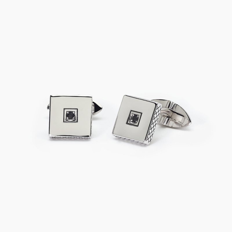 Mabina - Gemelli In Argento - Finitura A Rombi - Zircone Nero