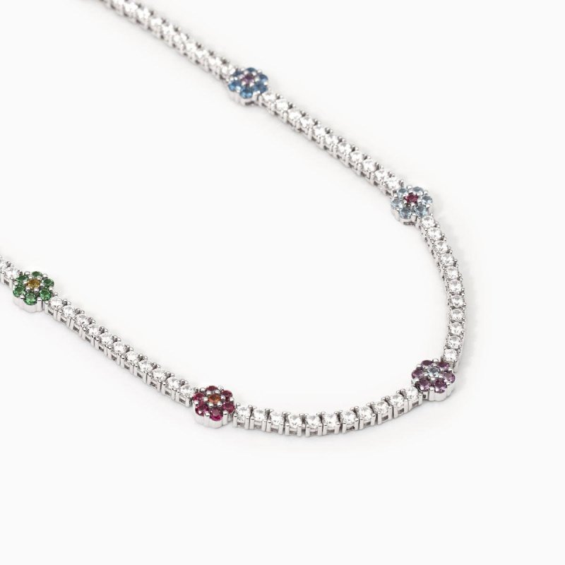 Mabina - Girocollo Tennis Con Elementi Fiore - Argento - Zirconi