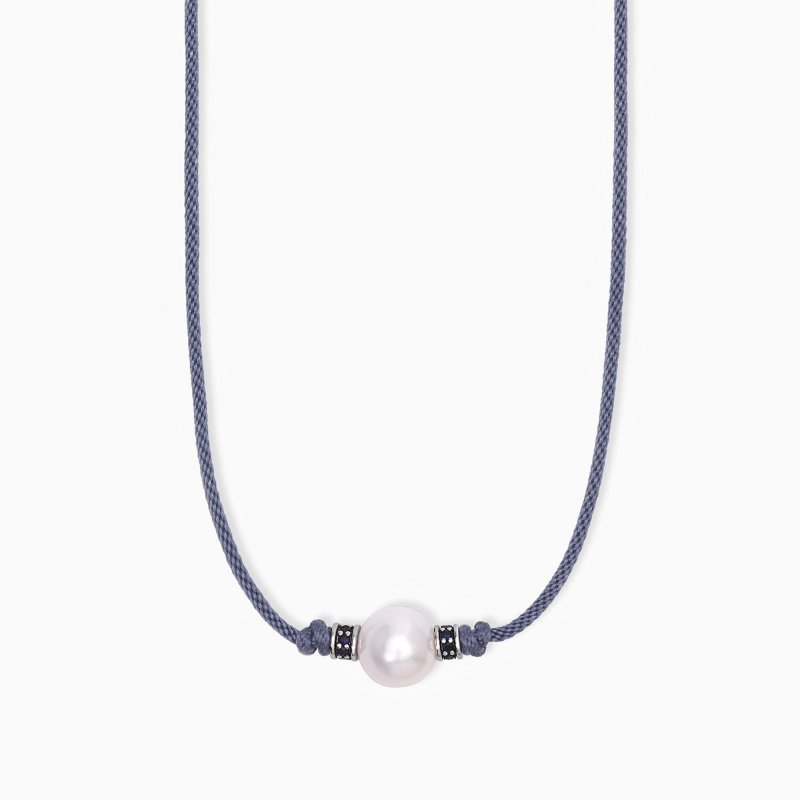 Mabina - Collana In Argento - Cordino Blu - Perla Bianca
