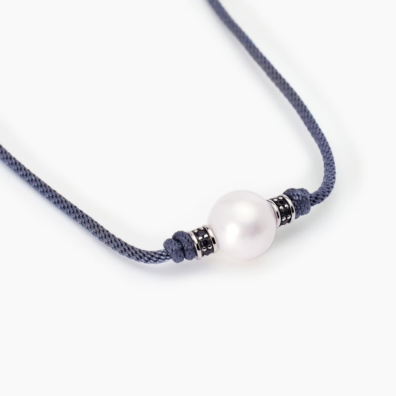 Mabina - Collana In Argento - Cordino Blu - Perla Bianca