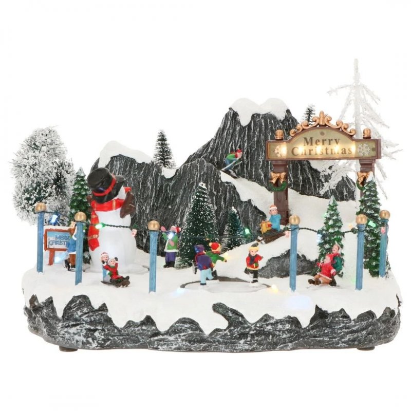 Village with snowman and skaters animated