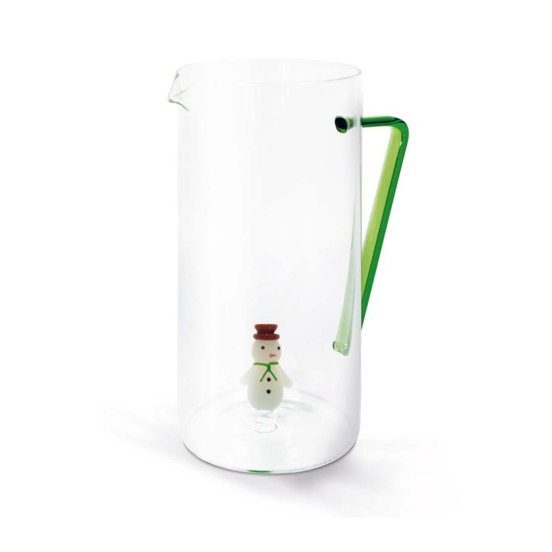 Caraffa In Vetro Borosilicato Con Decoro In Vetro Colorato All'Interno Figura Pupazzo Di Neve