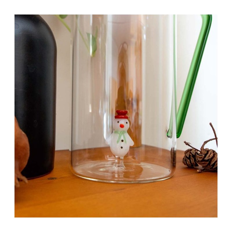 Caraffa In Vetro Borosilicato Con Decoro In Vetro Colorato All'Interno Figura Pupazzo Di Neve