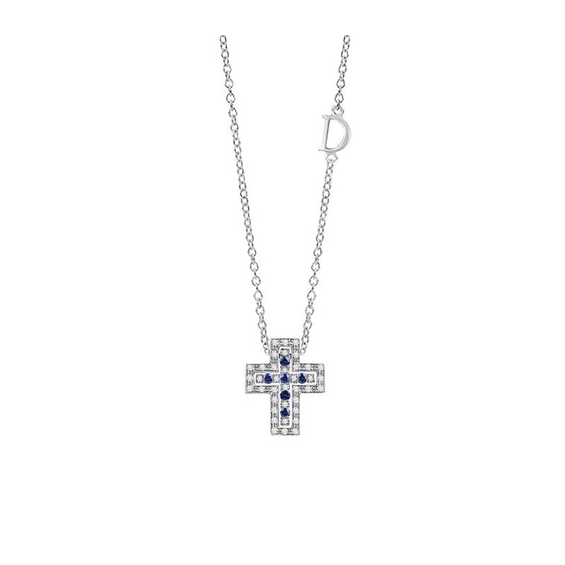 Damiani - Collana Croce - Oro Bianco - Diamante/Zaffiro
