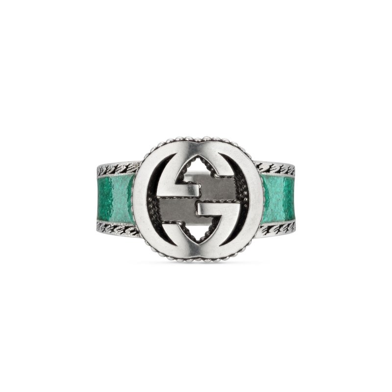 Anello con motivo G intrecciata in argento 925 e smalto turchese