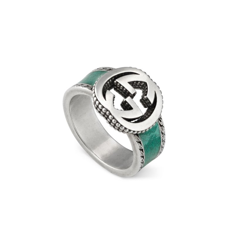 Anello con motivo G intrecciata in argento 925 e smalto turchese