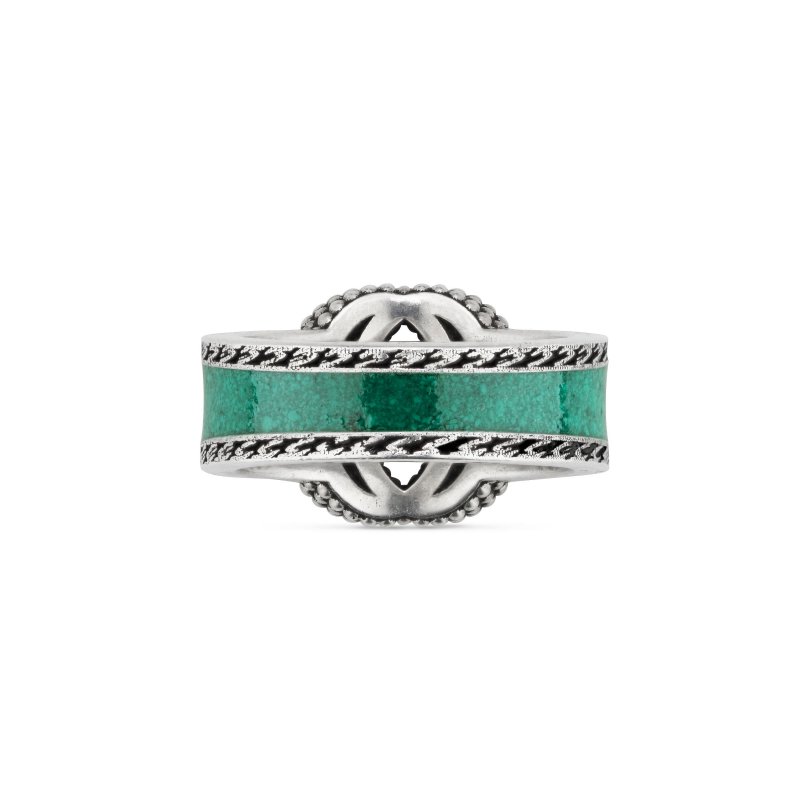 Anello con motivo G intrecciata in argento 925 e smalto turchese