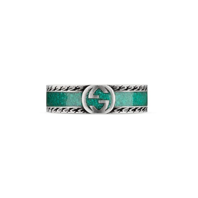 Anello con motivo G intrecciata in argento 925 e smalto turchese