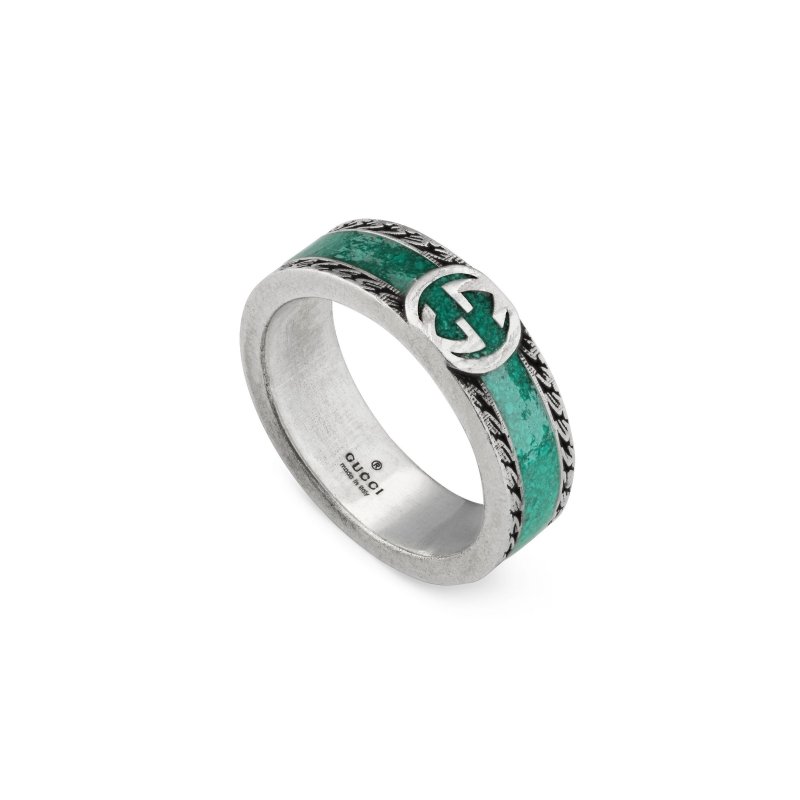 Anello con motivo G intrecciata in argento 925 e smalto turchese