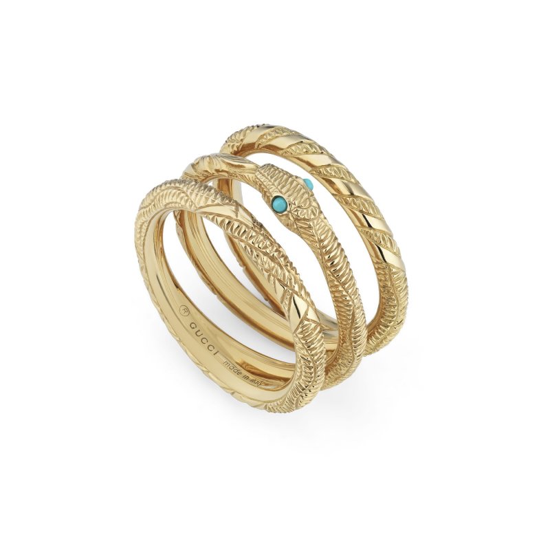 Anello Ouroboros a tre fasce in oro giallo 18kt e turchese