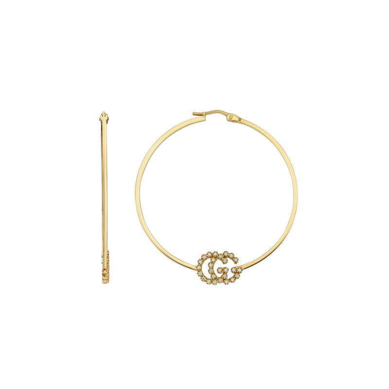 Orecchini a cerchio GG Running in oro giallo 18k e diamanti