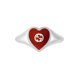 Anello con motivo a cuore e dettaglio Doppia G in argento 925 e smalto rosso