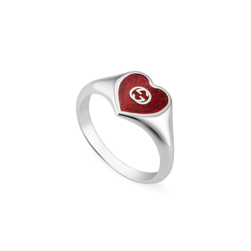 Anello con motivo a cuore e dettaglio Doppia G in argento 925 e smalto rosso